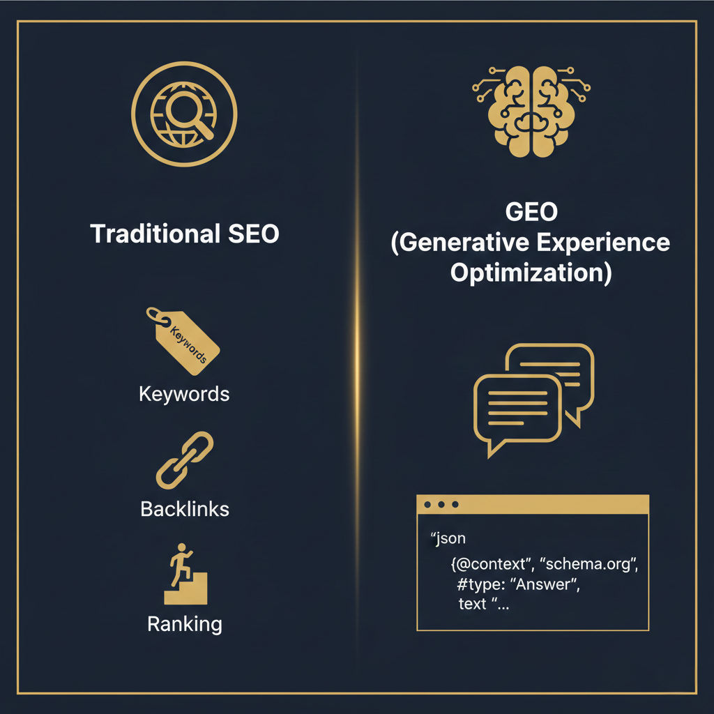 SEO vs GEO comparison infographic - Traditional SEO compared to Generative Engine Optimization